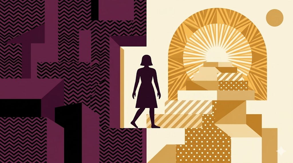 Woman standing between dark geometric blocks and a bright ascending staircase representing a midlife crisis for women becoming an awakening