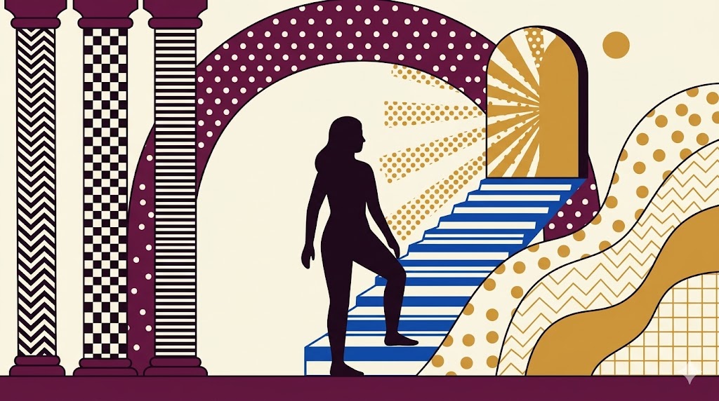 Illustration of a woman at a striped staircase before a lit archway, representing a midlife crisis for women becoming an awakening.