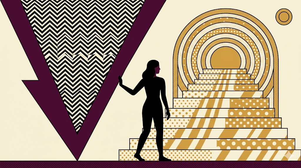 A geometric illustration of a central female figure choosing an upward staircase with a golden portal over a downward-pointing arrow, symbolizing midlife transition vs midlife crisis.