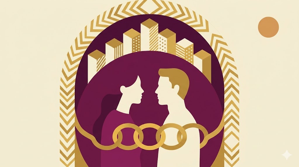 Two profiles connected by golden rings within a geometric circle representing gottman method couples therapy for stronger relationships