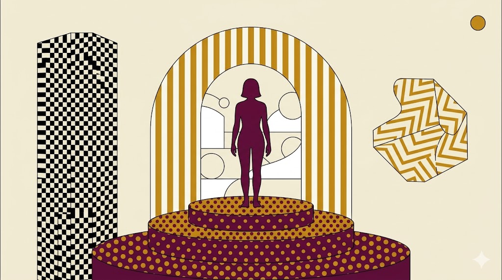 Woman standing at top of patterned steps before an open archway representing midlife coaching for women finding clarity